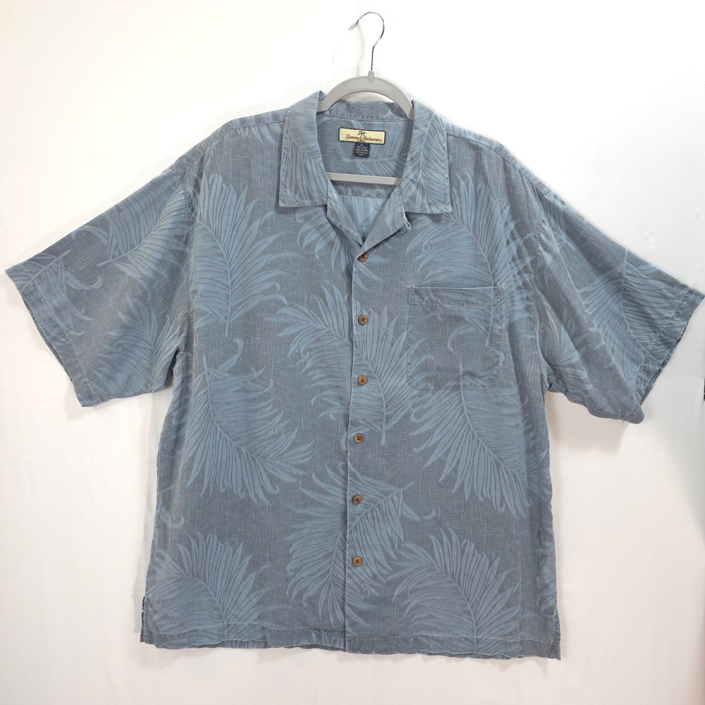 Tommy Bahama 100% Silk Camp Shirt Men XL Jacquard Palm Leaf Blue Tropical Resort